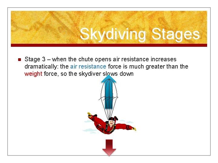 Skydiving Stages n Stage 3 – when the chute opens air resistance increases dramatically: