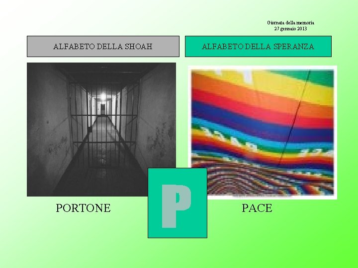 Giornata della memoria 27 gennaio 2013 ALFABETO DELLA SHOAH PORTONE ALFABETO DELLA SPERANZA PACE