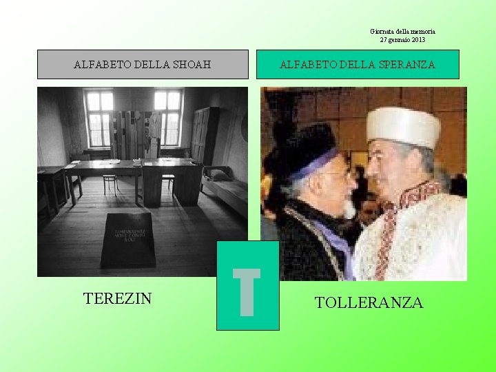 Giornata della memoria 27 gennaio 2013 ALFABETO DELLA SHOAH TEREZIN ALFABETO DELLA SPERANZA TOLLERANZA