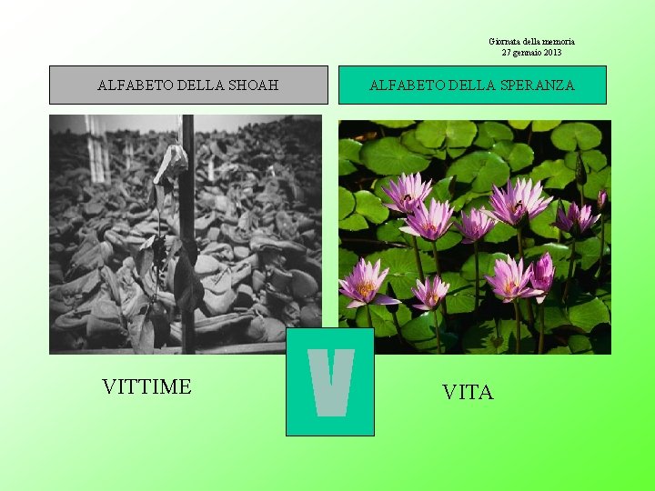 Giornata della memoria 27 gennaio 2013 ALFABETO DELLA SHOAH VITTIME ALFABETO DELLA SPERANZA VITA