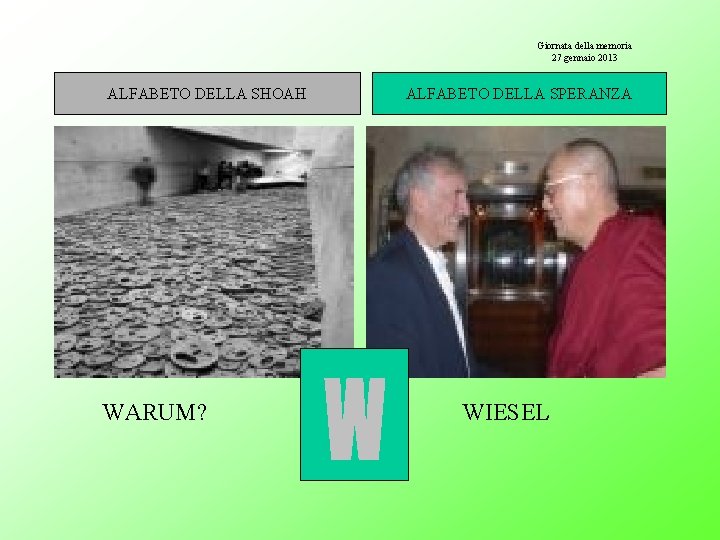 Giornata della memoria 27 gennaio 2013 ALFABETO DELLA SHOAH WARUM? ALFABETO DELLA SPERANZA WIESEL