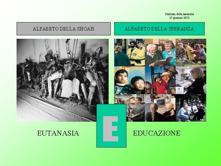 Giornata della memoria 27 gennaio 2013 ALFABETO DELLA SHOAH EUTANASIA ALFABETO DELLA SPERANZA EDUCAZIONE