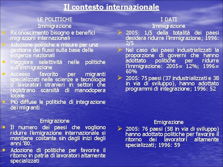 Il contesto internazionale • • LE POLITICHE Immigrazione Riconoscimento bisogno e benefici migrazioni internazionali