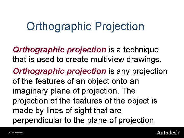 Orthographic Projection Orthographic projection is a technique that is used to create multiview drawings. Orthographic Projection Orthographic projection is a technique that is used to create multiview drawings.