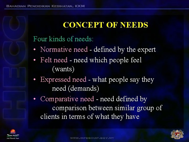 CONCEPT OF NEEDS Four kinds of needs: • Normative need - defined by the
