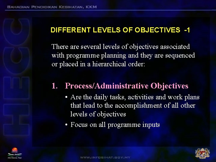 DIFFERENT LEVELS OF OBJECTIVES -1 There are several levels of objectives associated with programme