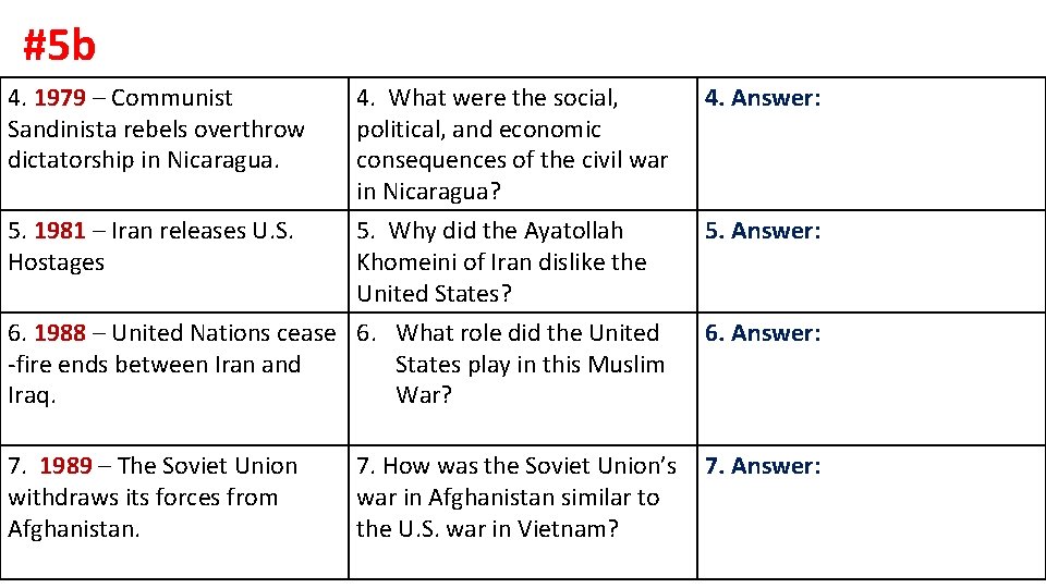#5 b 4. 1979 – Communist Sandinista rebels overthrow dictatorship in Nicaragua. 4. What