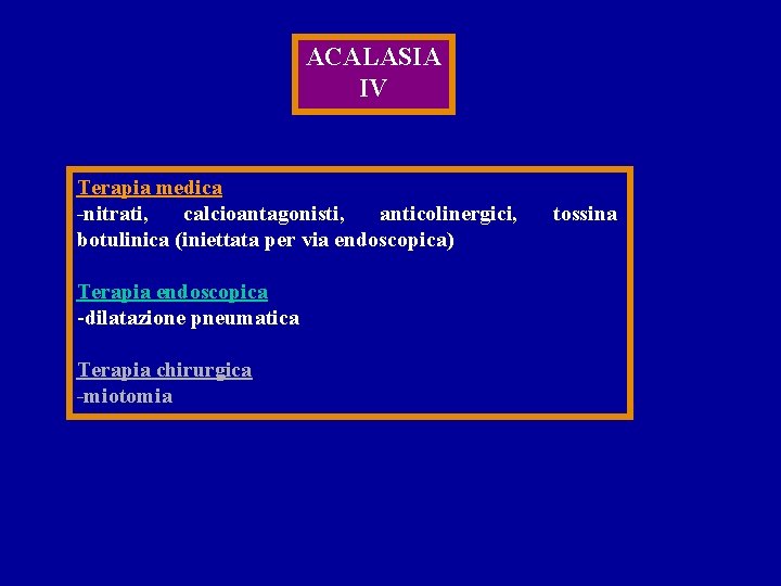 ACALASIA IV Terapia medica -nitrati, calcioantagonisti, anticolinergici, botulinica (iniettata per via endoscopica) Terapia endoscopica