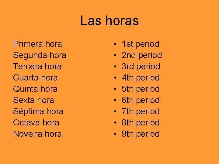 Las horas Primera hora Segunda hora Tercera hora Cuarta hora Quinta hora Sexta hora