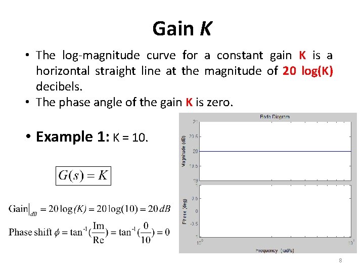 Gain K • The log-magnitude curve for a constant gain K is a horizontal