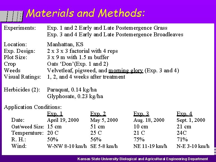 Materials and Methods: Experiments: Exp. 1 and 2 Early and Late Postemergence Grass Exp.