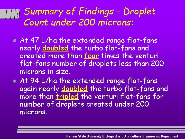 Summary of Findings - Droplet Count under 200 microns: l l At 47 L/ha