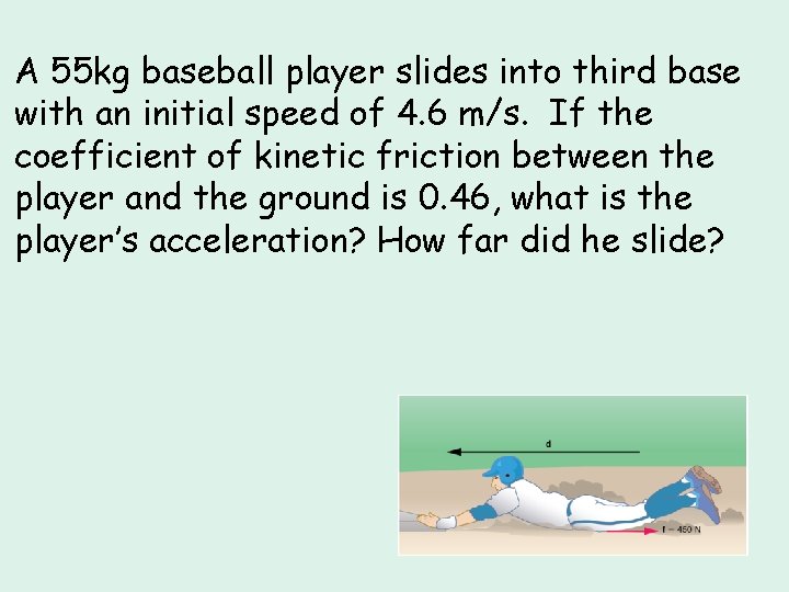 A 55 kg baseball player slides into third base with an initial speed of