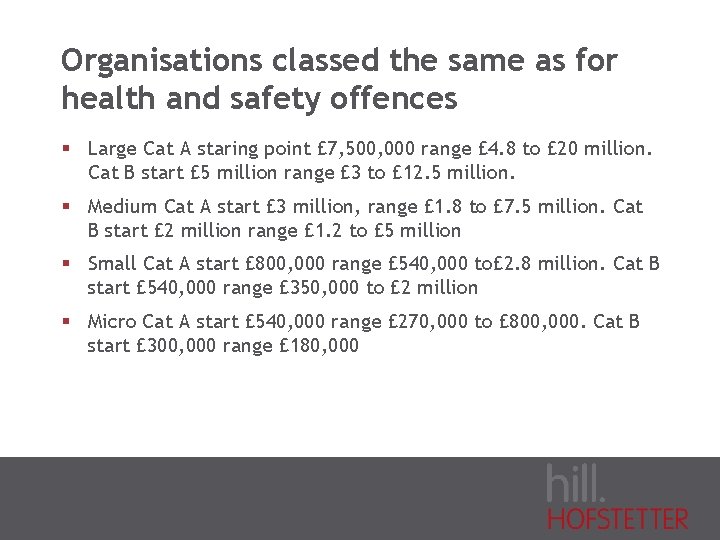 Organisations classed the same as for health and safety offences § Large Cat A