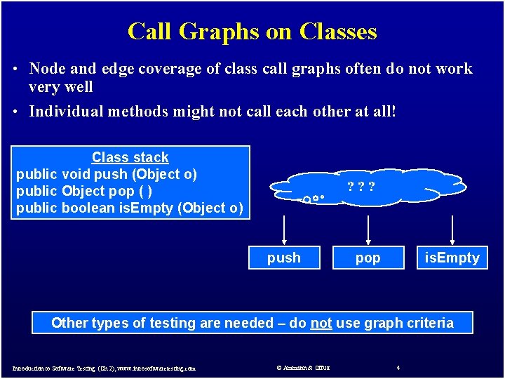 Call Graphs on Classes • Node and edge coverage of class call graphs often