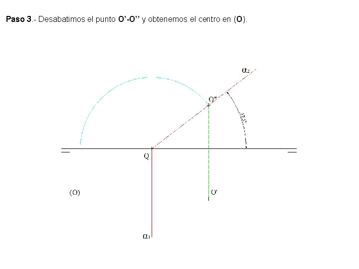 Paso 3. - Desabatimos el punto O’-O’’ y obtenemos el centro en (O). 