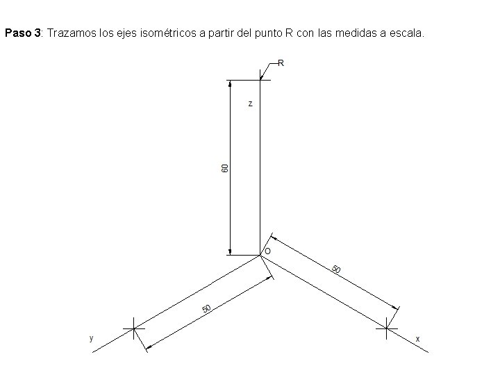 Paso 3: Trazamos los ejes isométricos a partir del punto R con las medidas