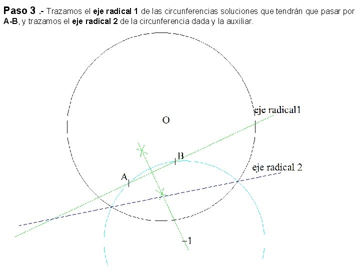 Paso 3. - Trazamos el eje radical 1 de las circunferencias soluciones que tendrán