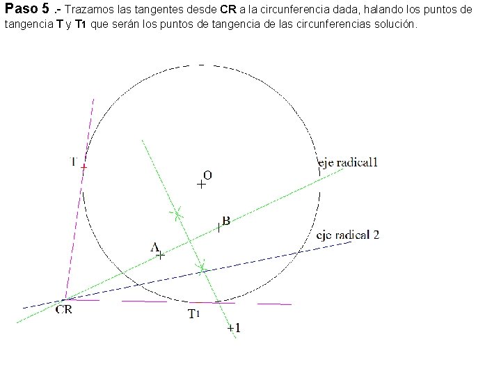 Paso 5. - Trazamos las tangentes desde CR a la circunferencia dada, halando los