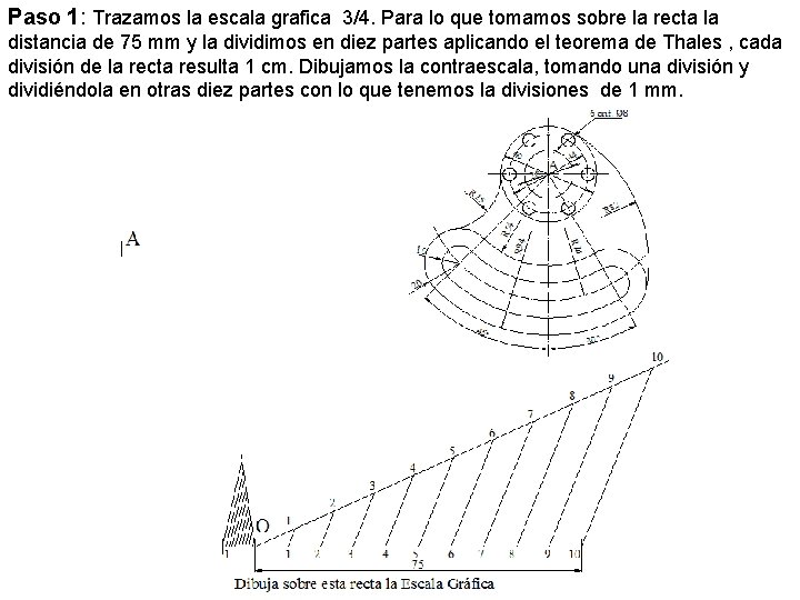 Paso 1: Trazamos la escala grafica 3/4. Para lo que tomamos sobre la recta