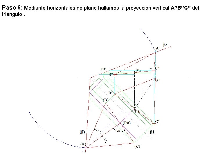 Paso 6: Mediante horizontales de plano hallamos la proyección vertical A’’B’’C’’ del triangulo. 
