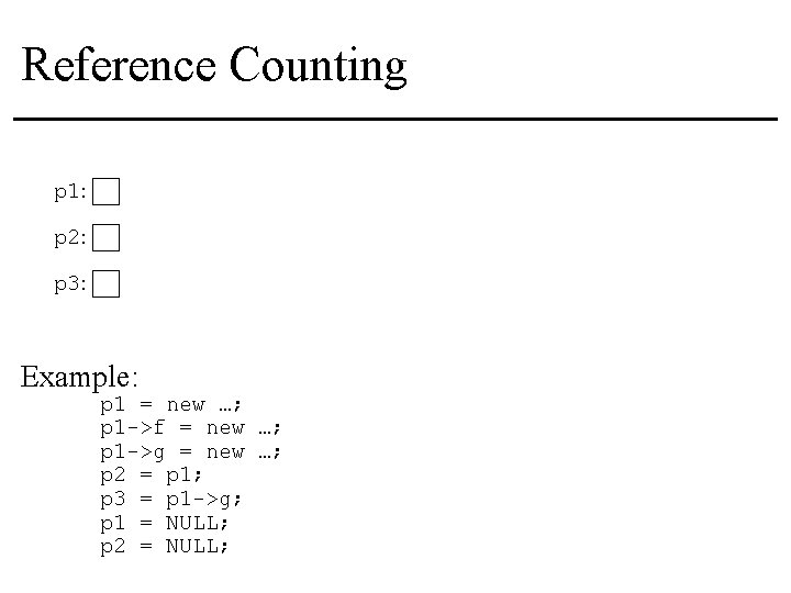 Reference Counting p 1: p 2: p 3: Example: p 1 = new …;