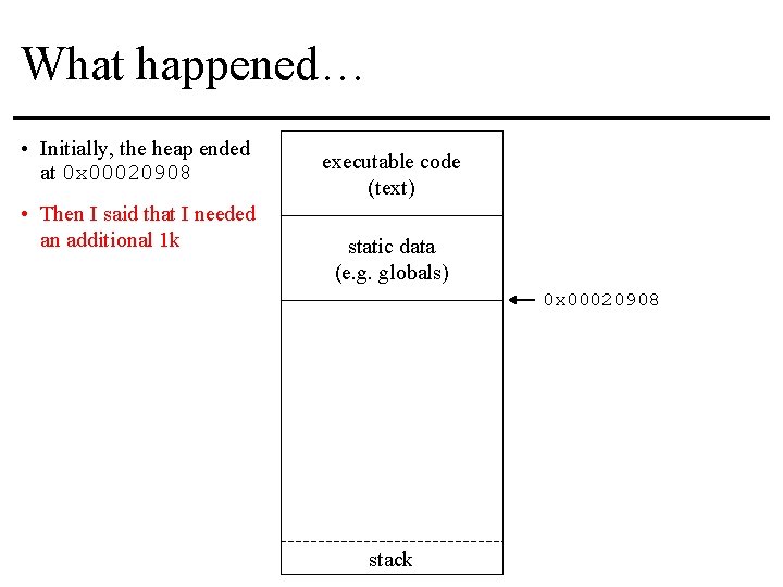 What happened… • Initially, the heap ended at 0 x 00020908 • Then I