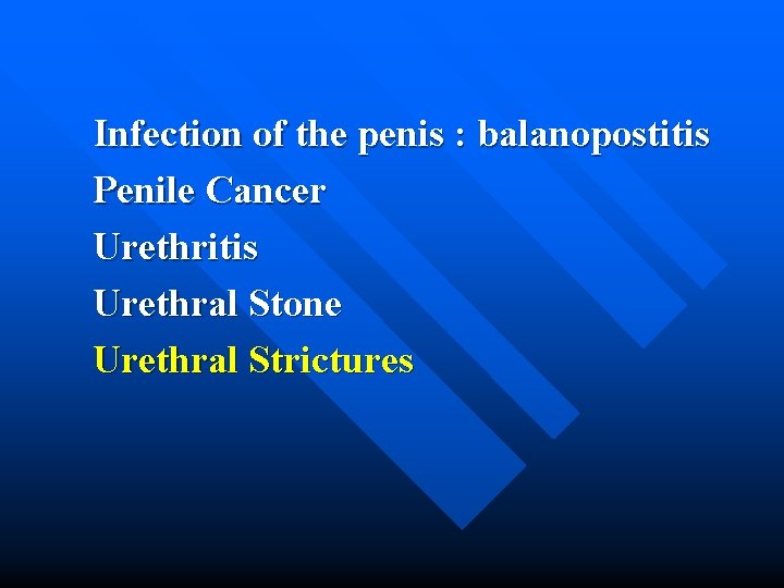 Infection of the penis : balanopostitis Penile Cancer Urethritis Urethral Stone Urethral Strictures 