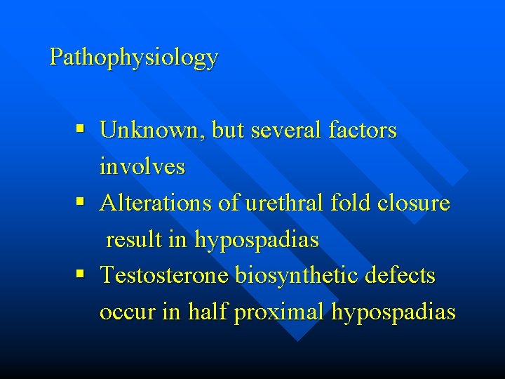 Pathophysiology § Unknown, but several factors involves § Alterations of urethral fold closure result