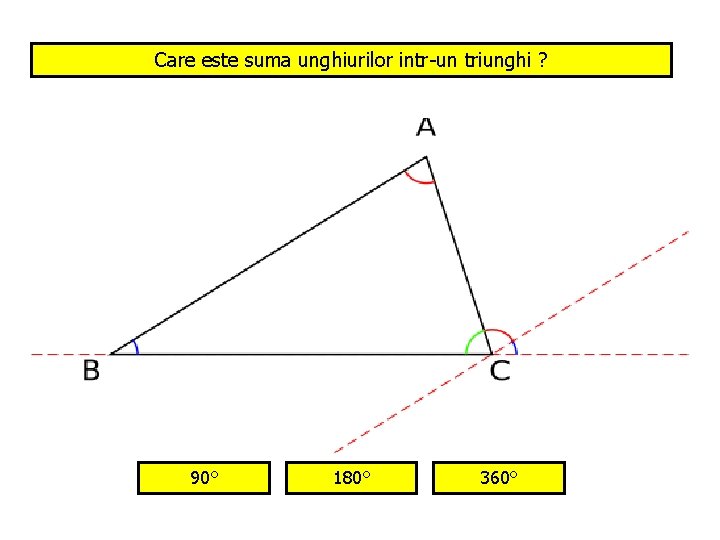 Care este suma unghiurilor intr-un triunghi ? 90° 180° 360° 