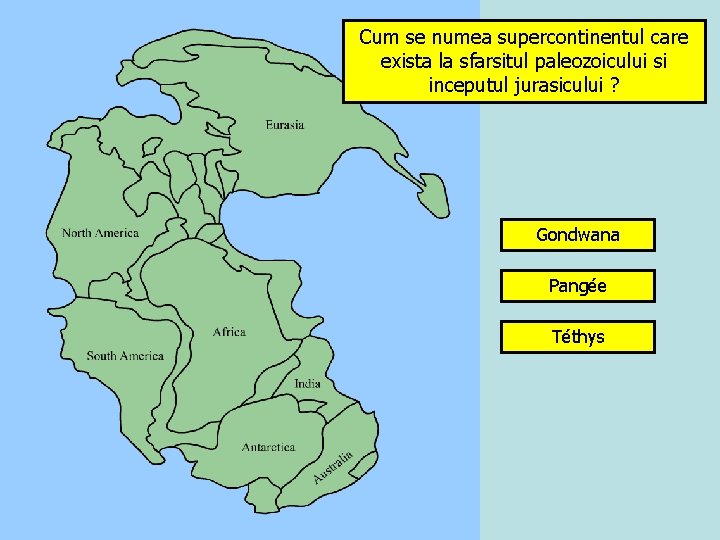 Cum se numea supercontinentul care exista la sfarsitul paleozoicului si inceputul jurasicului ? Gondwana
