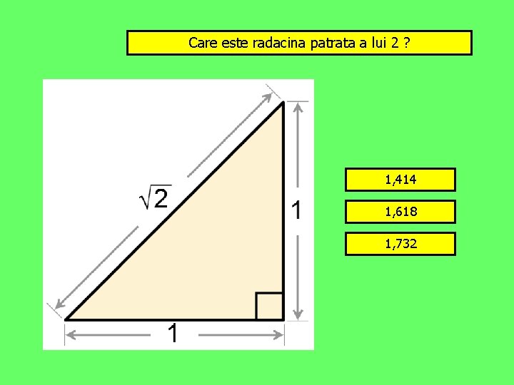 Care este radacina patrata a lui 2 ? 1, 414 1, 618 1, 732
