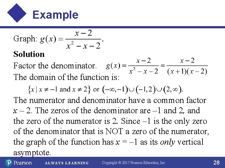 Example Graph: Solution Factor the denominator. The domain of the function is: The numerator