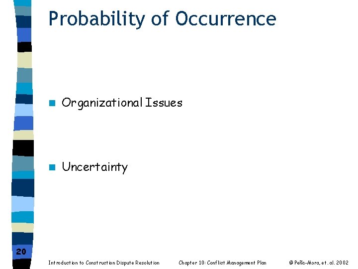 Probability of Occurrence n Organizational Issues n Uncertainty 20 Introduction to Construction Dispute Resolution