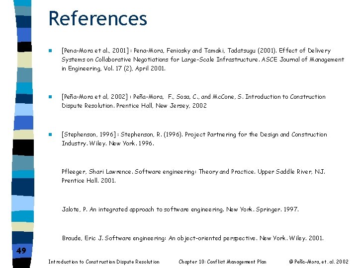 References n [Pena-Mora et al. , 2001] : Pena-Mora, Feniosky and Tamaki, Tadatsugu (2001).