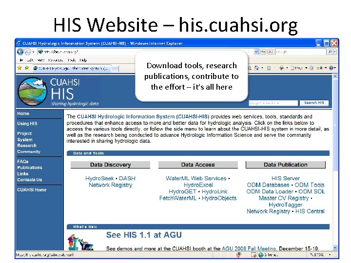 HIS Website – his. cuahsi. org Download tools, research publications, contribute to the effort