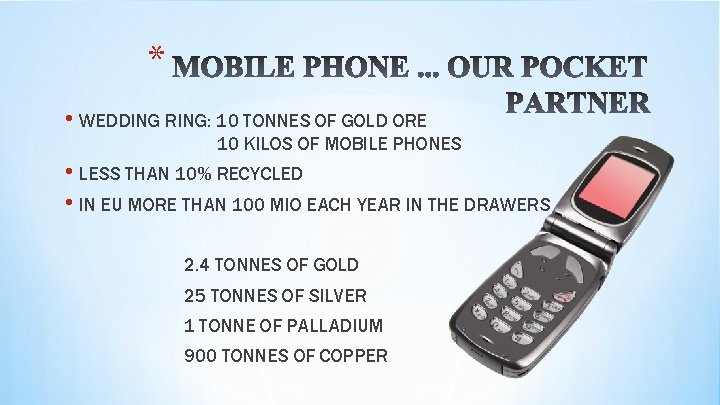 * • WEDDING RING: 10 TONNES OF GOLD ORE 10 KILOS OF MOBILE PHONES