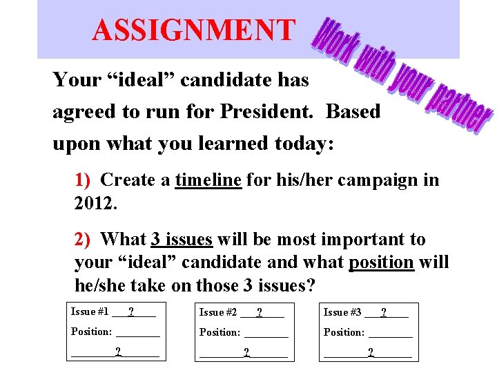 ASSIGNMENT Your “ideal” candidate has agreed to run for President. Based upon what you