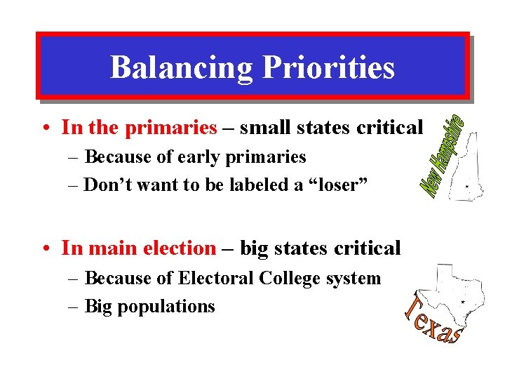 Balancing Priorities • In the primaries – small states critical – Because of early
