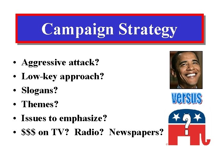 Campaign Strategy • • • Aggressive attack? Low-key approach? Slogans? Themes? Issues to emphasize?