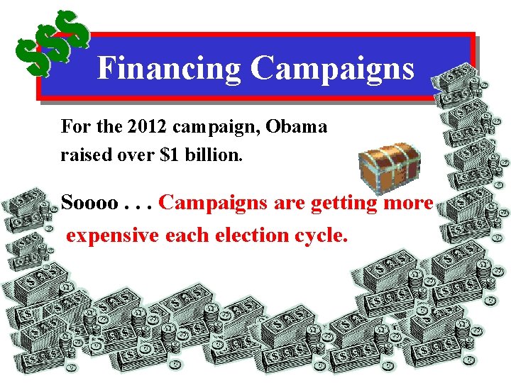 Financing Campaigns For the 2012 campaign, Obama raised over $1 billion. Soooo. . .