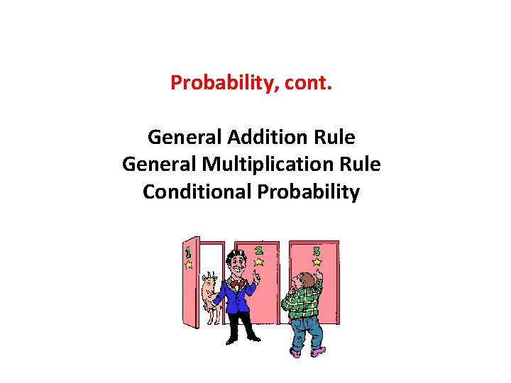 Probability, cont. General Addition Rule General Multiplication Rule Conditional Probability 