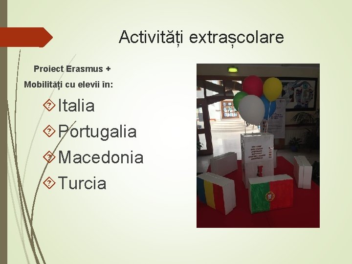 Activități extrașcolare Proiect Erasmus + Mobilități cu elevii în: Italia Portugalia Macedonia Turcia 