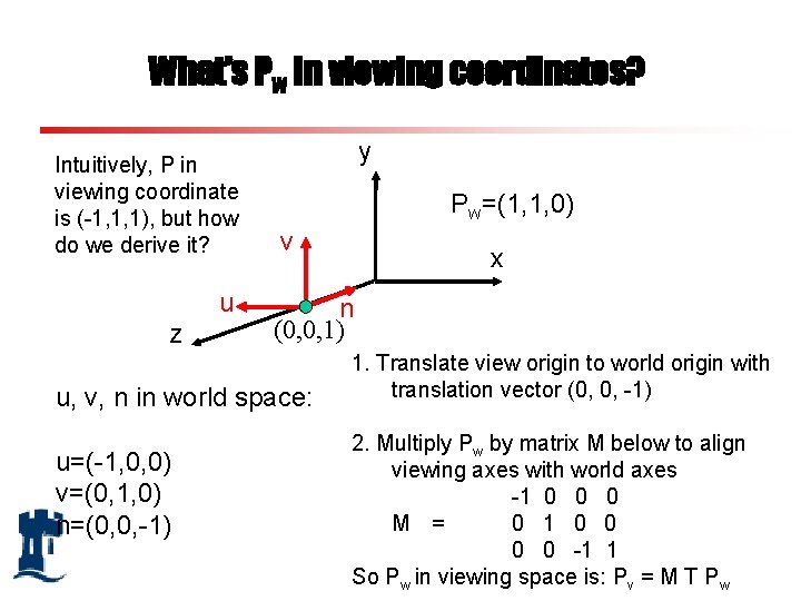 What’s Pw in viewing coordinates? Intuitively, P in viewing coordinate is (-1, 1, 1),