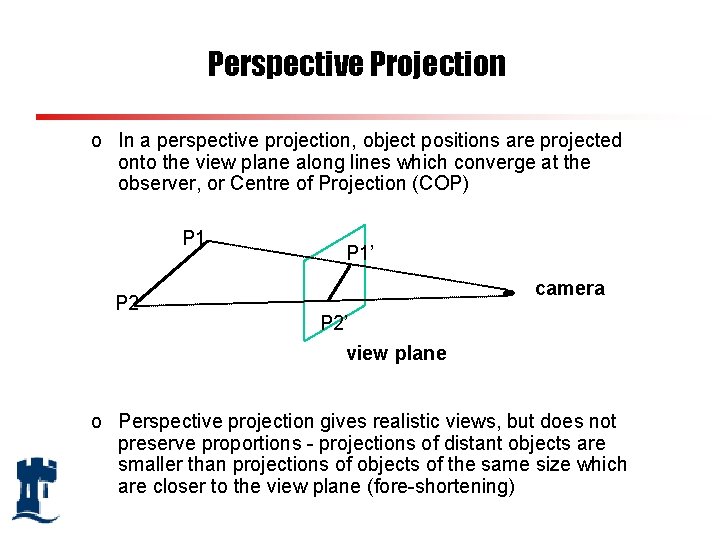 Perspective Projection o In a perspective projection, object positions are projected onto the view