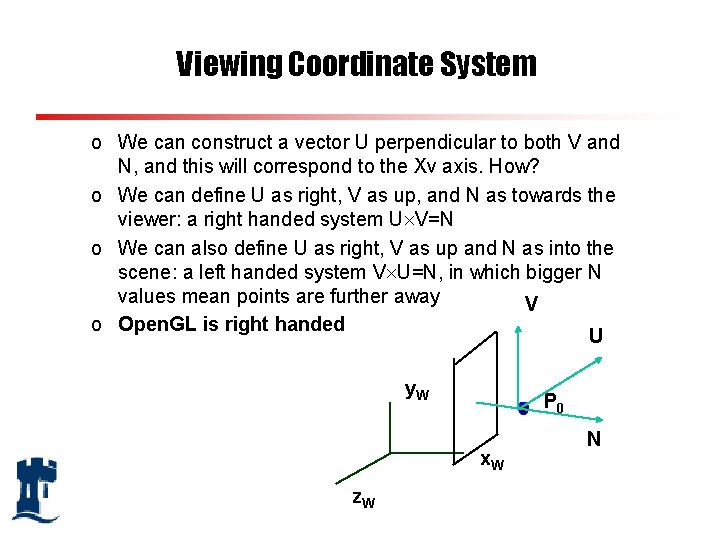 Viewing Coordinate System o We can construct a vector U perpendicular to both V