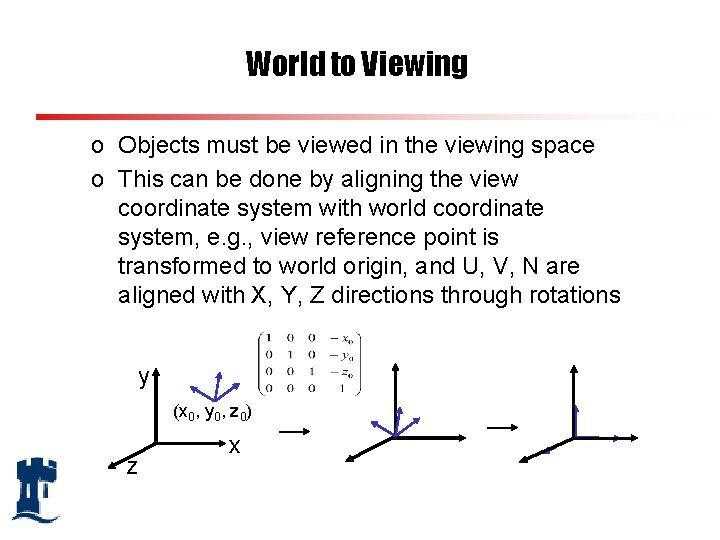 World to Viewing o Objects must be viewed in the viewing space o This