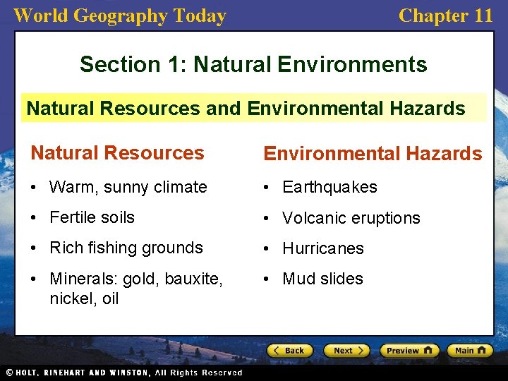 World Geography Today Chapter 11 Section 1: Natural Environments Natural Resources and Environmental Hazards