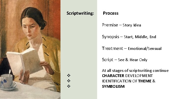 Scriptwriting: Process Premise – Story Idea Synopsis – Start, Middle, End Treatment – Emotional/Sensual