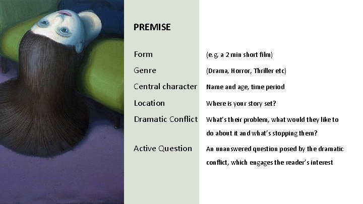 PREMISE Form (e. g, a 2 min short film) Genre (Drama, Horror, Thriller etc)